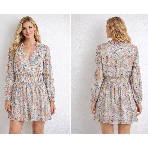 Boston Proper Dresses & Skirts - Boston Proper Smocked Mini Dress M Paisley Bell Sleeves Shimmer Fairy Peasant